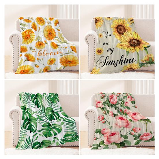 Spring Summer Flowers Blanket Soft Cozy Flannel Floral Nap Blanket Washable Daisy Sunflower Throw Blanket for Bed Couch Sofa Farmhouse Decor