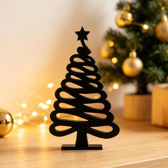Modern Festive Table Centerpiece 3D Printed Abstract Line Christmas Tree Figurine, Minimalist Xmas Sculpture with Star Entryway Ornament Topper