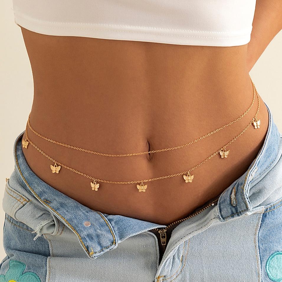Classic Retro Cute Butterfly Waist Belly Chain for Women Summer Beach Sexy Simple Body Chain Vacation Zircon Accessories Gift