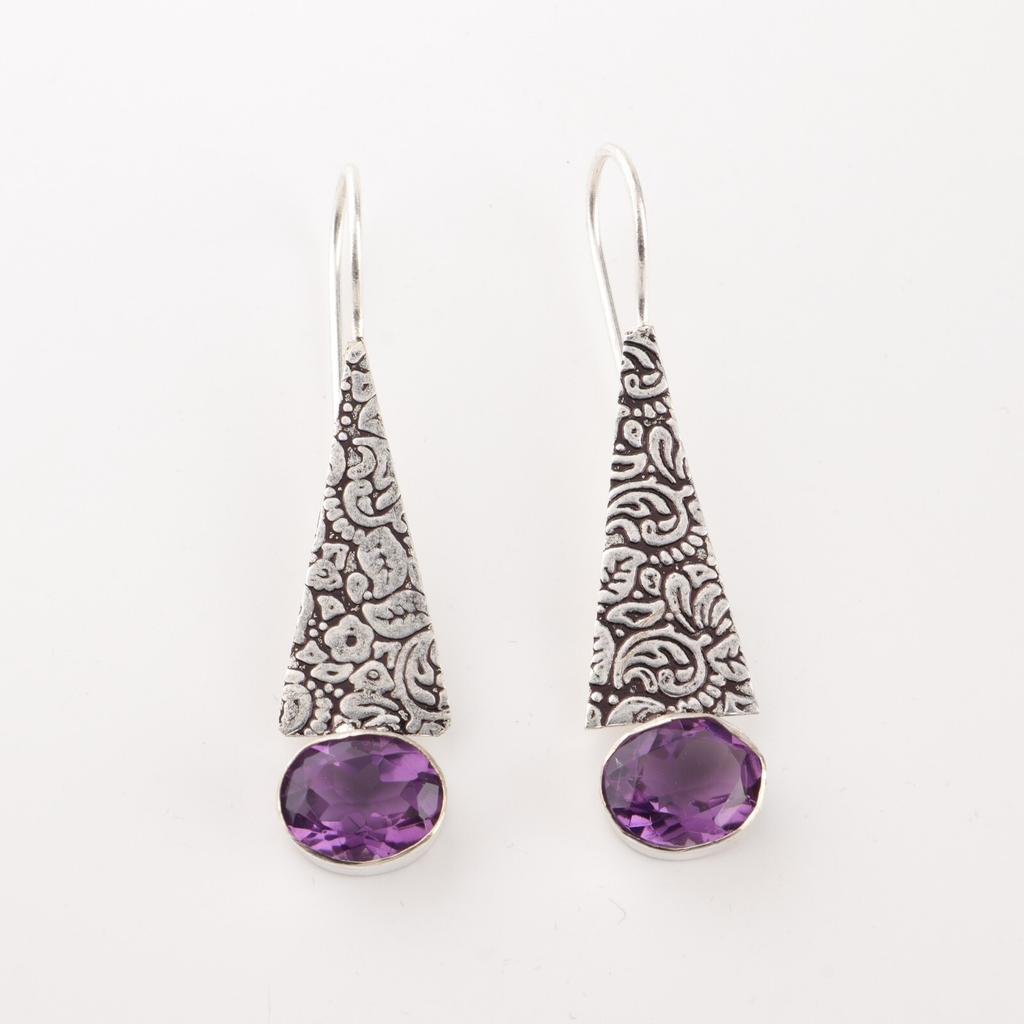 Natural Amethyst Gemstone 925 Sterling Silver Jewelry Handcrafted Earrings 1.9" EE-165-12