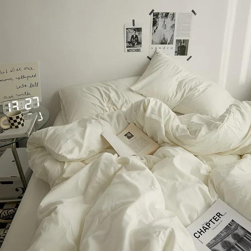 High Quality  Solid Color Double Washed Cotton Bedding 4 Pieces Set Student Dormitory Bed Linen Duvet Set Bed Suit