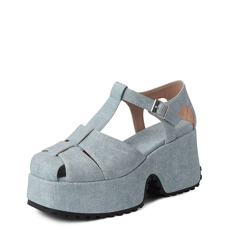 Krazing Pot Polyurethane Spring Summer Size 43 Size 42 Women Platform Women Square Toe Buckle Thick Bottom Pumps