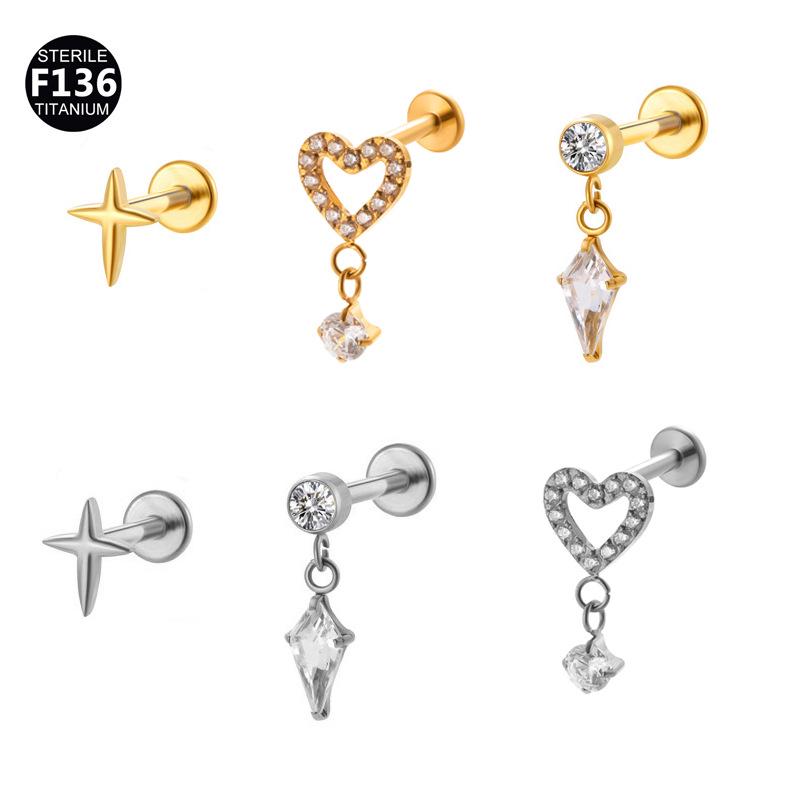 Titanium 0.9 Tooth Pendant Zircon Stud Earrings: Peach Heart & Star Design