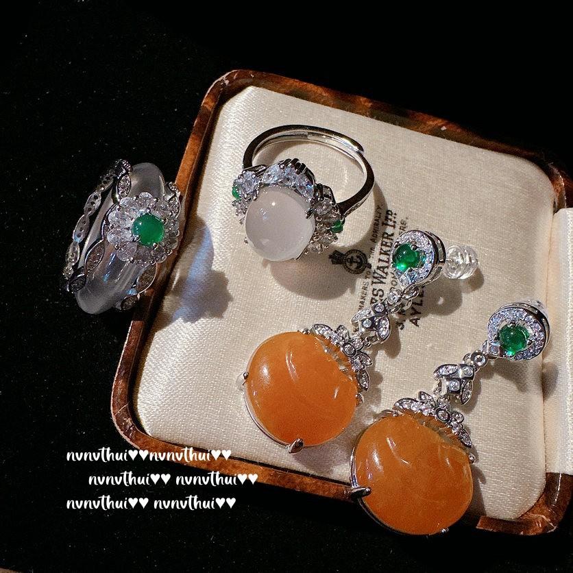 Turkish White Chalcedony Gemstone Ring, Water Spirit, White Moonlight Lychee Frozen, Chalcedony Persimmon Zircon Earrings.