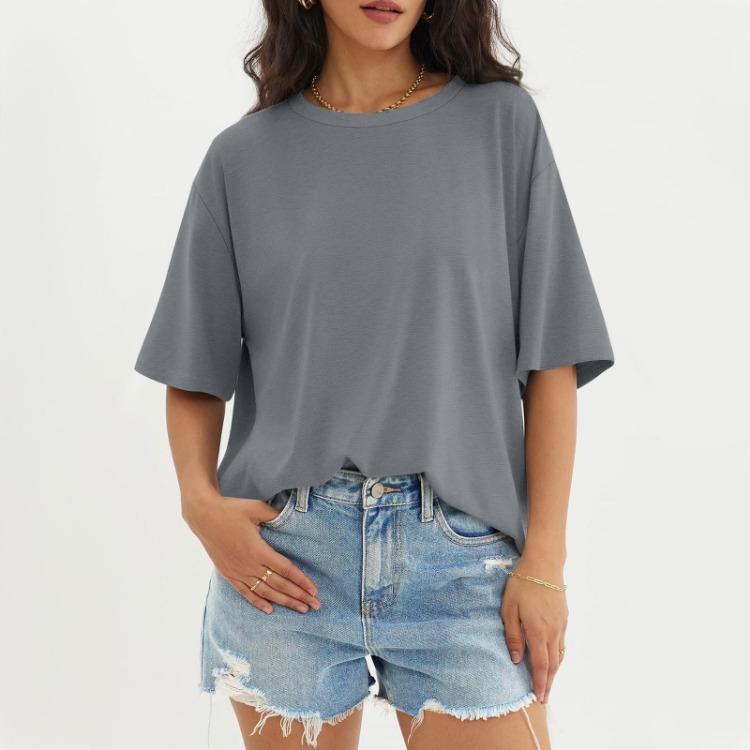 Solid Color Round Neck Top Women Casual Three Half Sleeve Fashionable