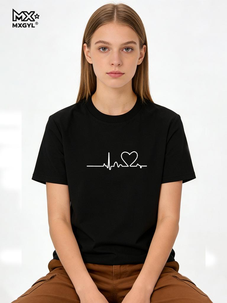 2026 Women's Love Heart Print T-Shirt, Plus Size, Electrocardiogram, Funny Woman Tee Tops, Casual Female T-shirts, Summer