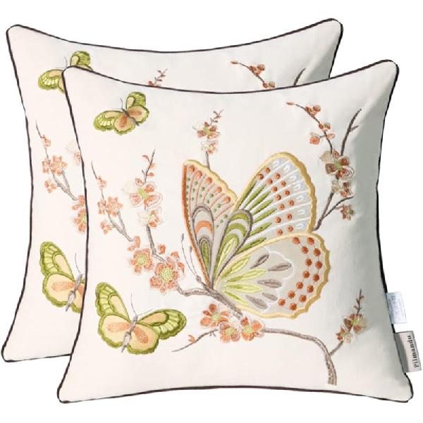 Set of 2 Embroidered Decorative Throw Pillow Covers Couch Square Pillowcases Cushion for Bedroom Sofa Farmhouse Decor 18x18 Inch (Blue Floral)