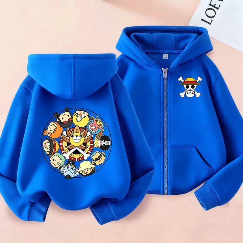 Ubrania z nadrukiem kreskówkowym Anime One Pieces Bluza z kapturem na zamek Dziecięca bluza z kapturem z długim rękawem Luffy Casualowa koszulka z nadrukiem dla chłopców i dziewcząt