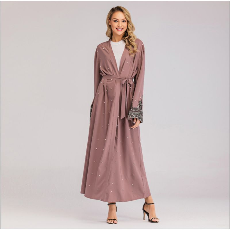 Muslim Long Sleeve Embroidered Nail Bead Robe Cardigan Dress