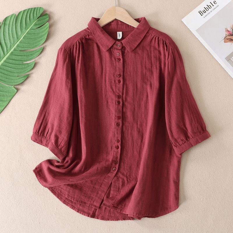 

Recommended! Pure Cotton Yarn Shirts Sweat-Absorbent Double-Layer Soft Loose Classic All-Match Sun Protection Three-Quarter Sleeve Shirt Women X43 Burgundy L(Suggested 65.00 kg-80.00 kg)