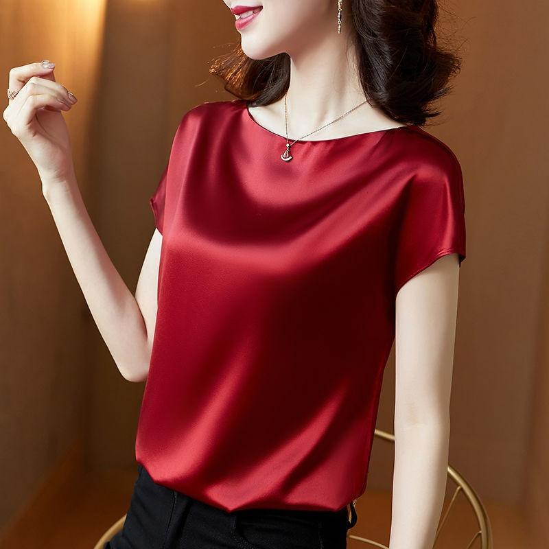 Acetic acid fabric satin top fashion bottoming shirt women's spring and summer silky foreign style with skirt shoulder bag short sleeve t-shirt
