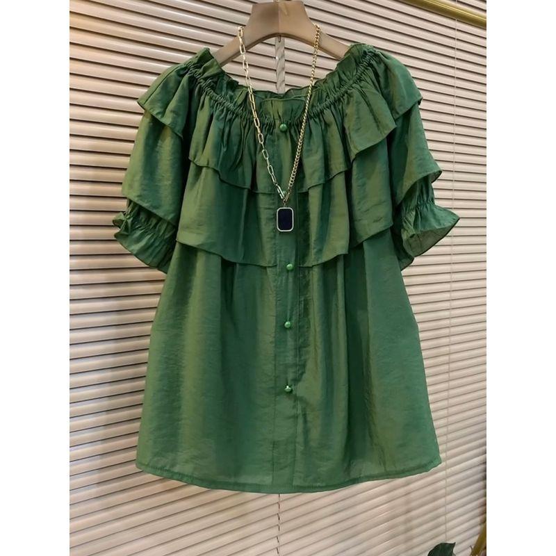 Plus Size Fat Sister Summer Loose Slim Looking Fat Hiding Top Green 3XL (60-75kg)