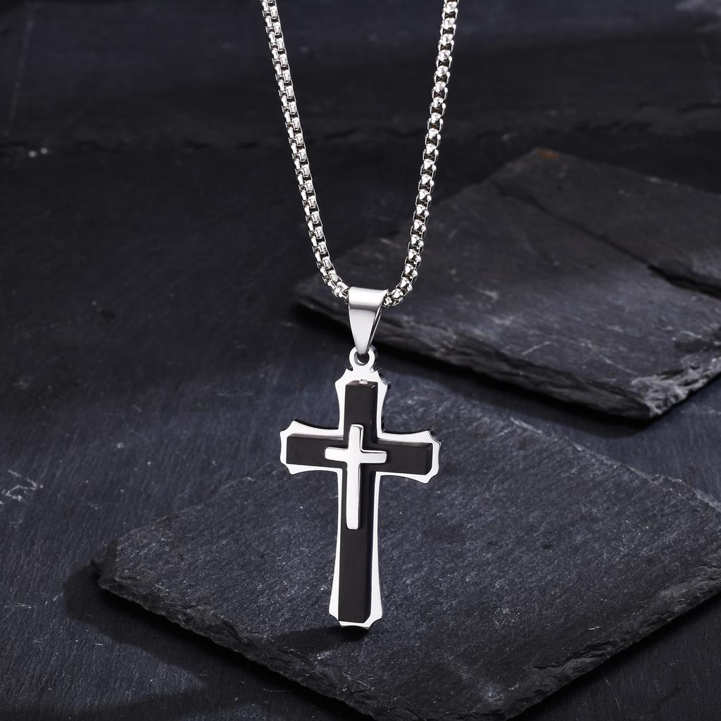 3D Cross Pendant Necklaces for Men Boys,Black Gold Color Stainless Steel Cross Necklace,Hiphop Punk Party Gift