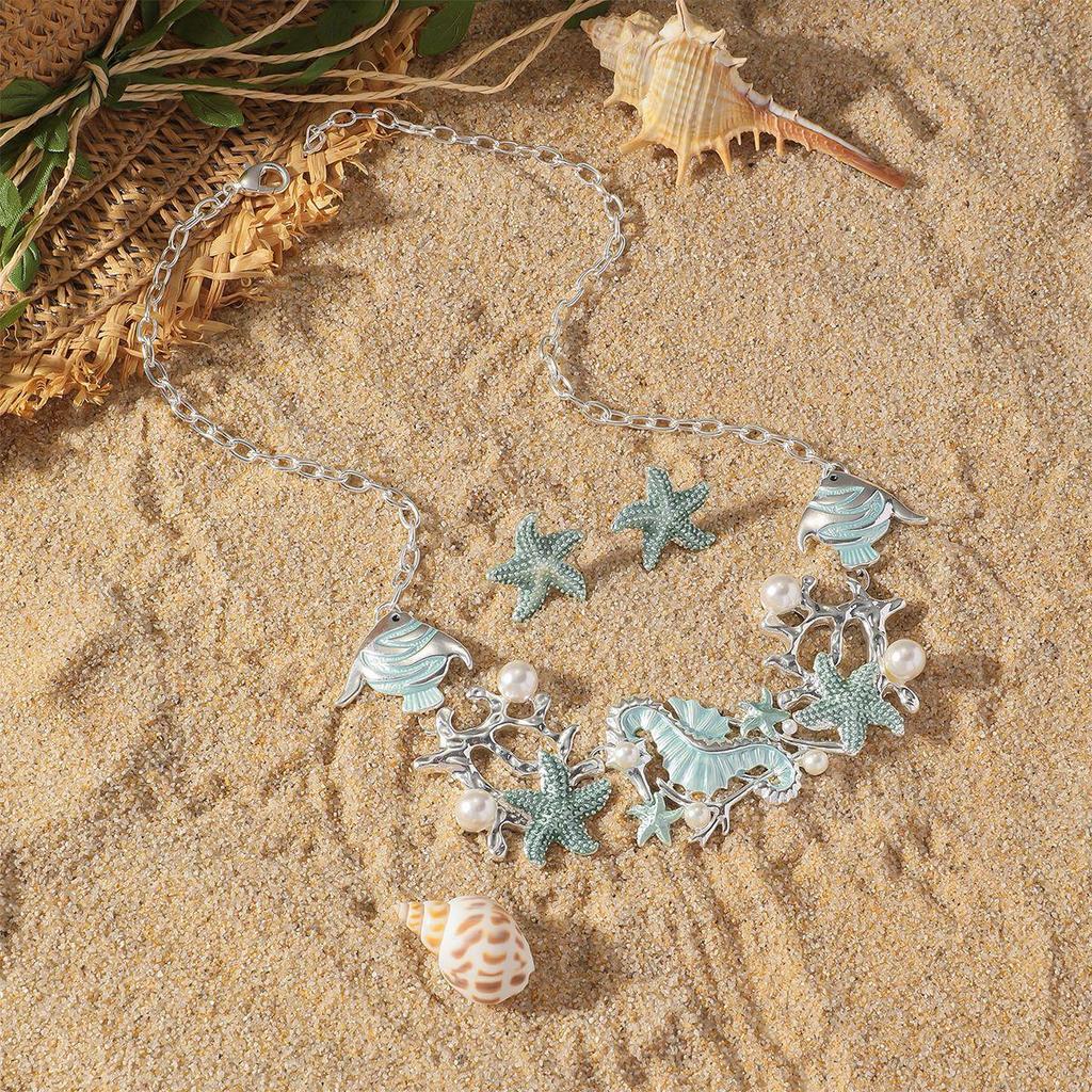 Ensemble de Bijoux Émail Étoile de Mer & Coquillage - Collier & Boucles d'Oreilles Élégants