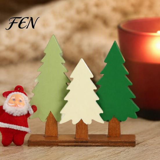 Handcrafted Wooden Tree Christmas Table Sign, 3 Colors Pine Sign with Holiday Desktop Ornament Base, Rustic Xmas Decoration for Party