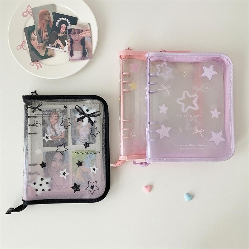 Clear Photo Album Case With Zippered Closures PVC Binder 6 Rings Cover For Kpop Fan Small Card Organization Protectors