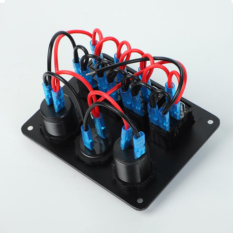 Four-Position Boat Panel with Voltmeter, USB Charger, Cigarette Lighter, LED Display, and Rocker Switch.