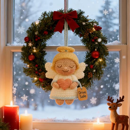 Crochet Angel Car Charm Handmade Knitting Angel Car Rear Mirror Hanging Accessories with Drive Safe Tag New Driver Blessing Present