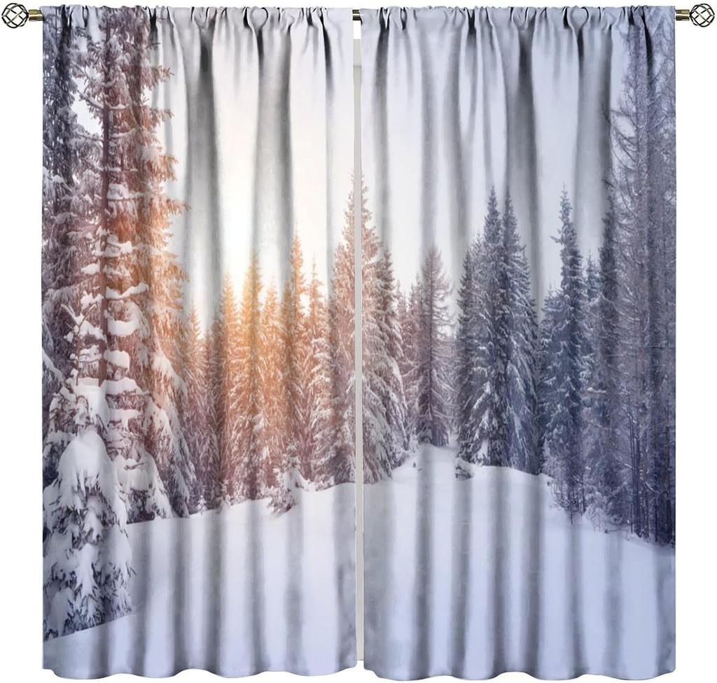Winter Forest Curtain Natural Landscape Snow Covered Tree Window Curtains Living Room Bedroom Kitchen Office Cafe Blackout Polyester Ideal For Great