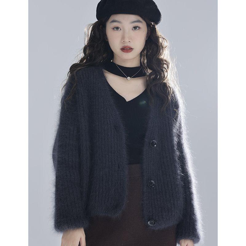 European & American Style Purple Faux Mink Velvet V-Neck Long-Sleeve Knitted Cardigan Sweater