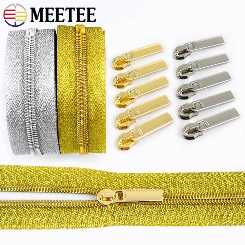2/3/5M Meetee 3# 5# Gold Sliver Nylon Zipper with Sliders Coil Zips for Handbag Repair Kit Zippers Tape DIY Sewing Accessories