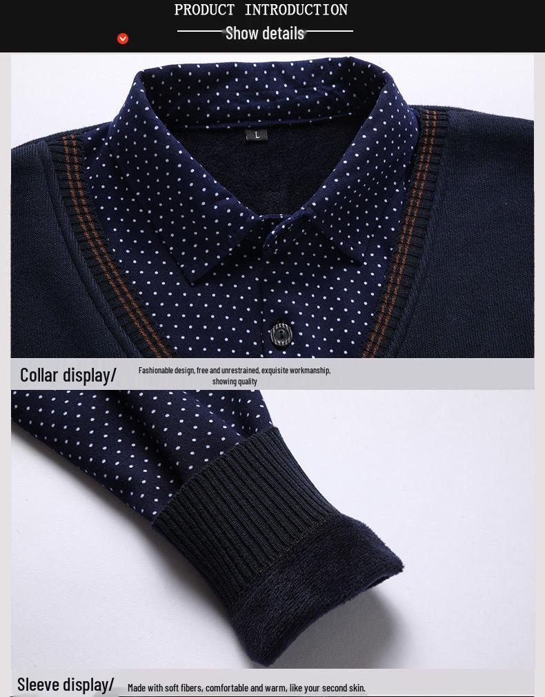 Middle-aged Men's Warm Knitted Sweater - Fake Two-Piece, Plus Velvet, Thick Long Sleeve Winter Outfit for Dad