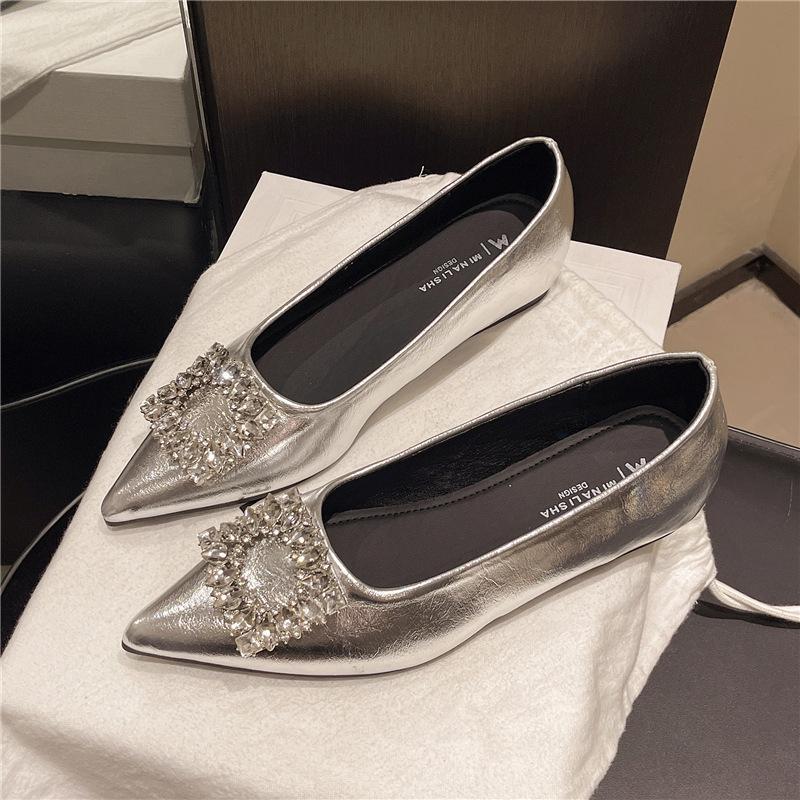 2025 spring and autumn new flat-bottomed commuter single shoes rhinestone square buckle pointed shallow mouth shoes daily height increase one pedal s