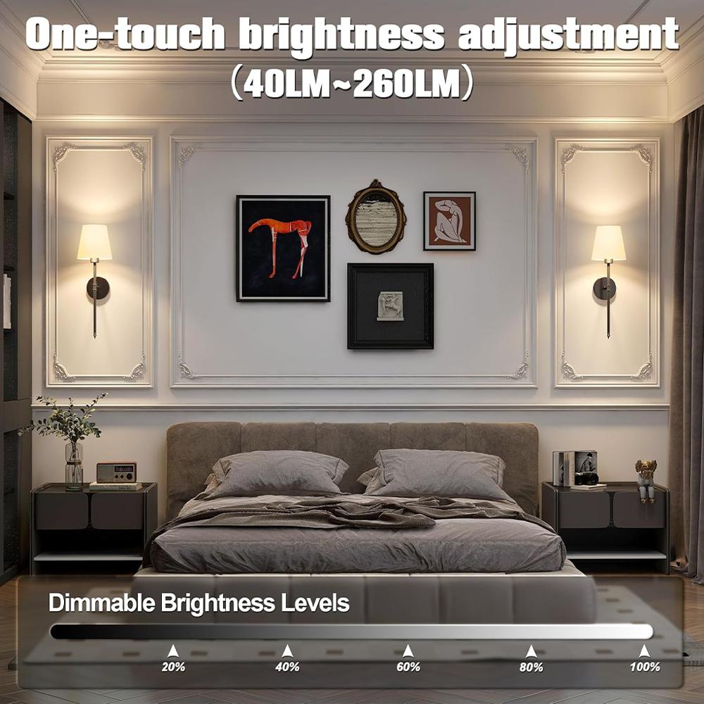 Wire-Free Bedroom Bedside Lamp Canvas Shade Gold Wireless Rechargeable Dimmable Wall Light Living Room Decorative