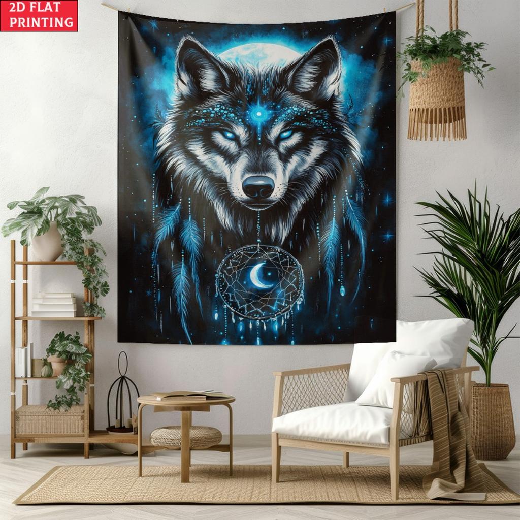 Blue Wolf Dreamcatcher Moon Night Sky Wall Tapestry Boho Chic Home Decor 2D Flat Printing