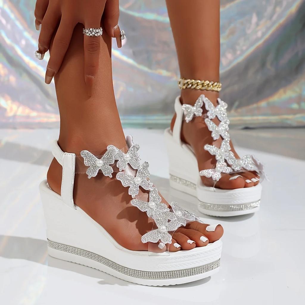 Shiny Crystal Wedge Heel Sandals for Women Fashion Clear PVC Platform Sandals Woman Thick Sole Rhinestone Butterfly Party Shoes