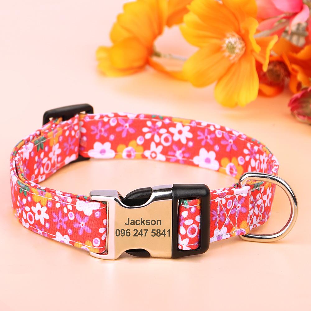 Nylon Flower Dog Collar Personalized Floral Print Dog Puppy Collars Customized Pet ID Collars for Small Medium Large Dog Pitbull