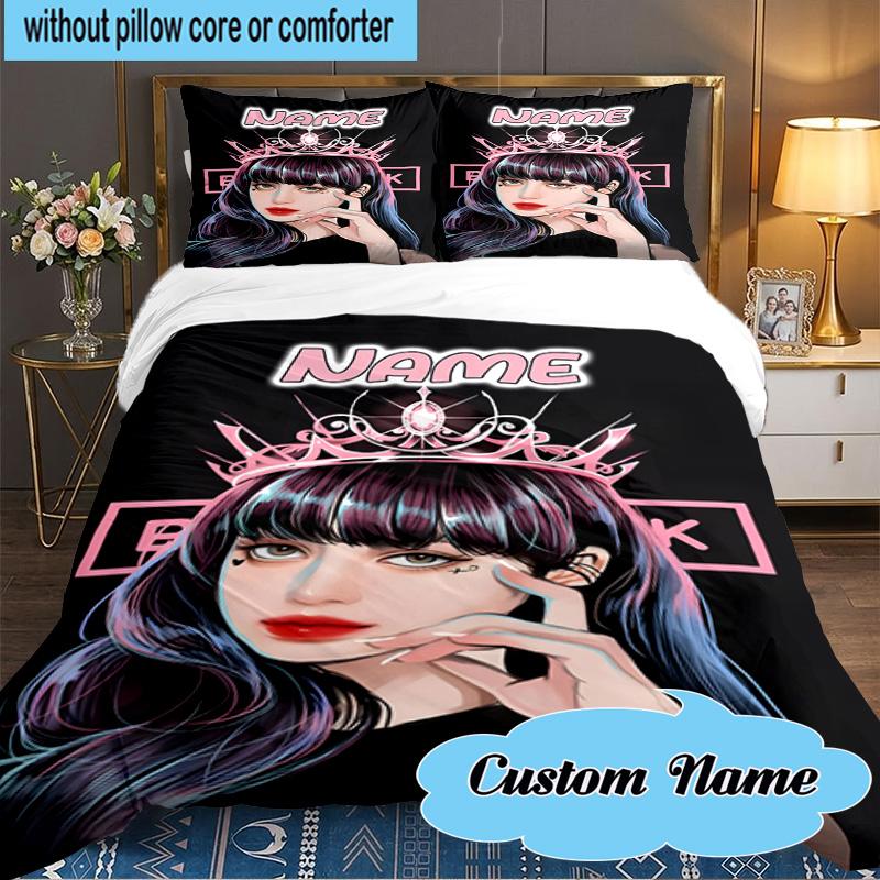 Custom Name 3PCS Kpop BP Art Compilation Bedding Set Including 1pc Duvet Cover And 2pcs Pillowcases for Bedroom, Dormitory Gift Home Decor