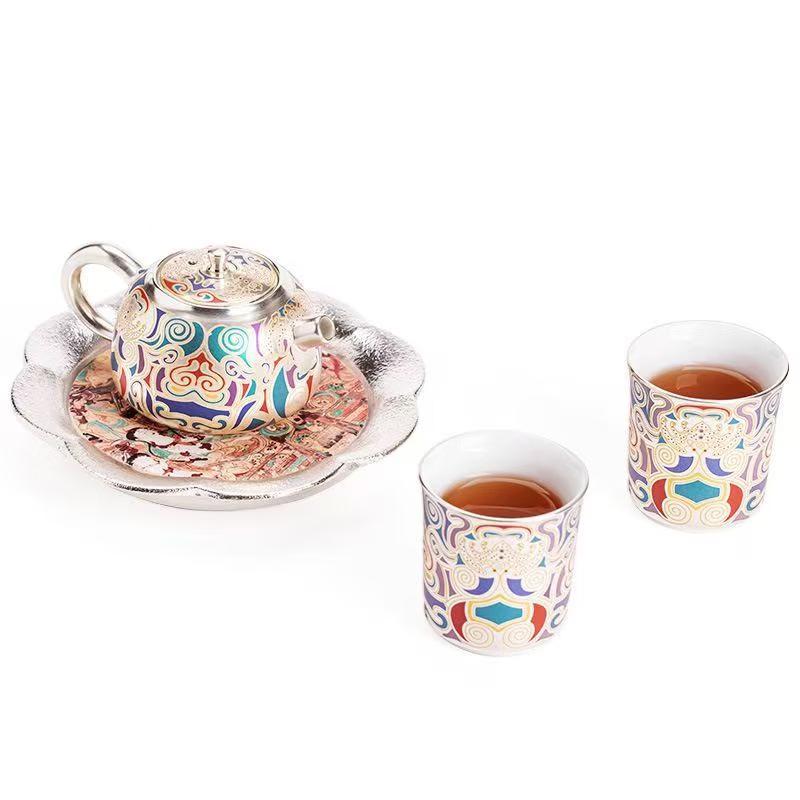 Chaxun Dunhuang Style Handcrafted Gilt Silver Ceramic Tea Set