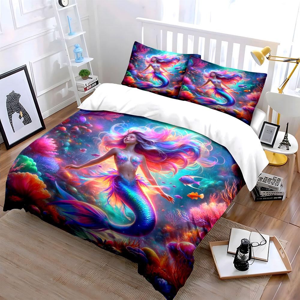 Mermaid Theme Home Decor Set Multiple Sizes Kid'S And Adults' Bedroom Exquisite 3Pc Bedding Set, Gift