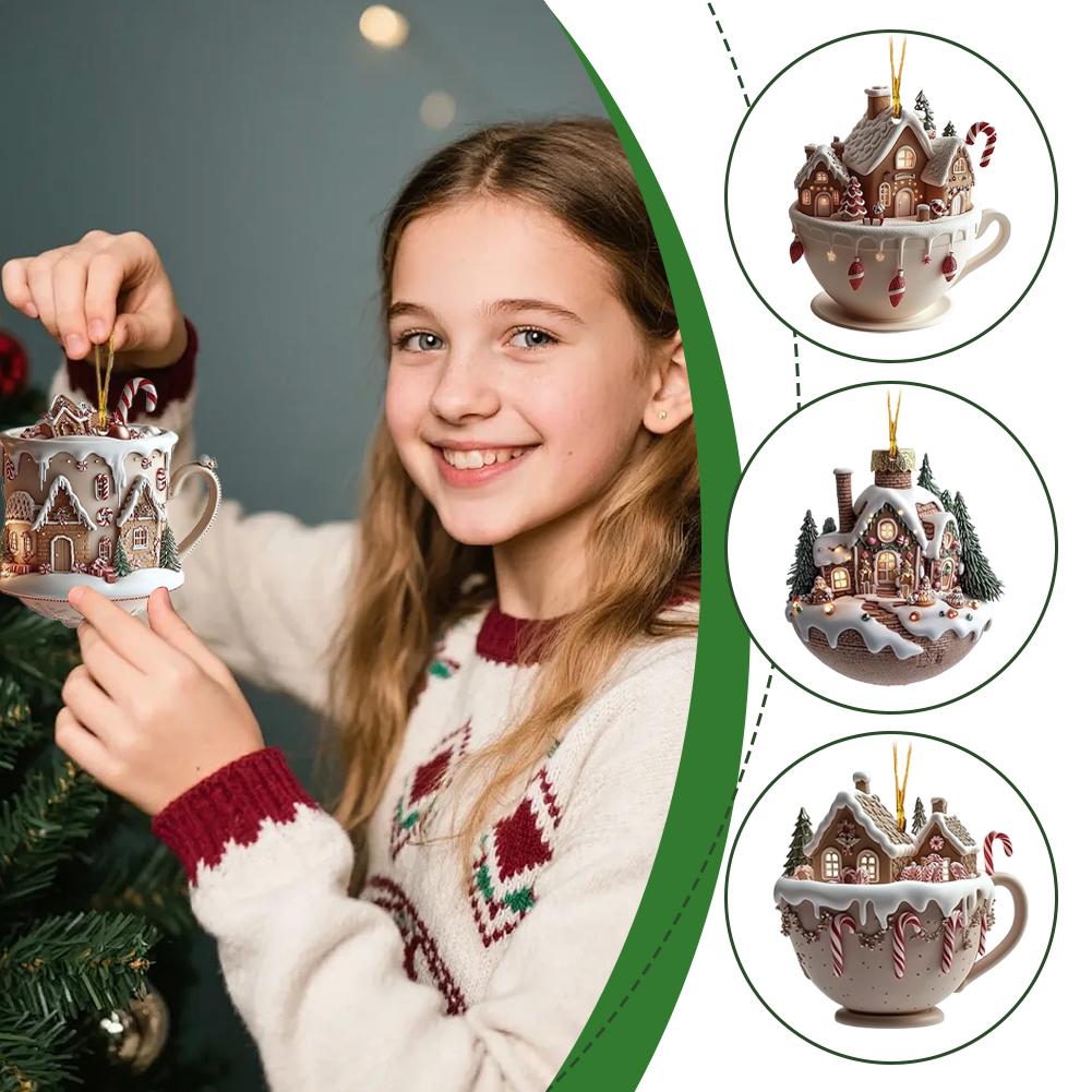 4pcs Christmas Coffee Cup Pendant Acrylic Snow House Ornament Car Decor Hanging For Backpack Keychain Holiday Gift Car Accessory