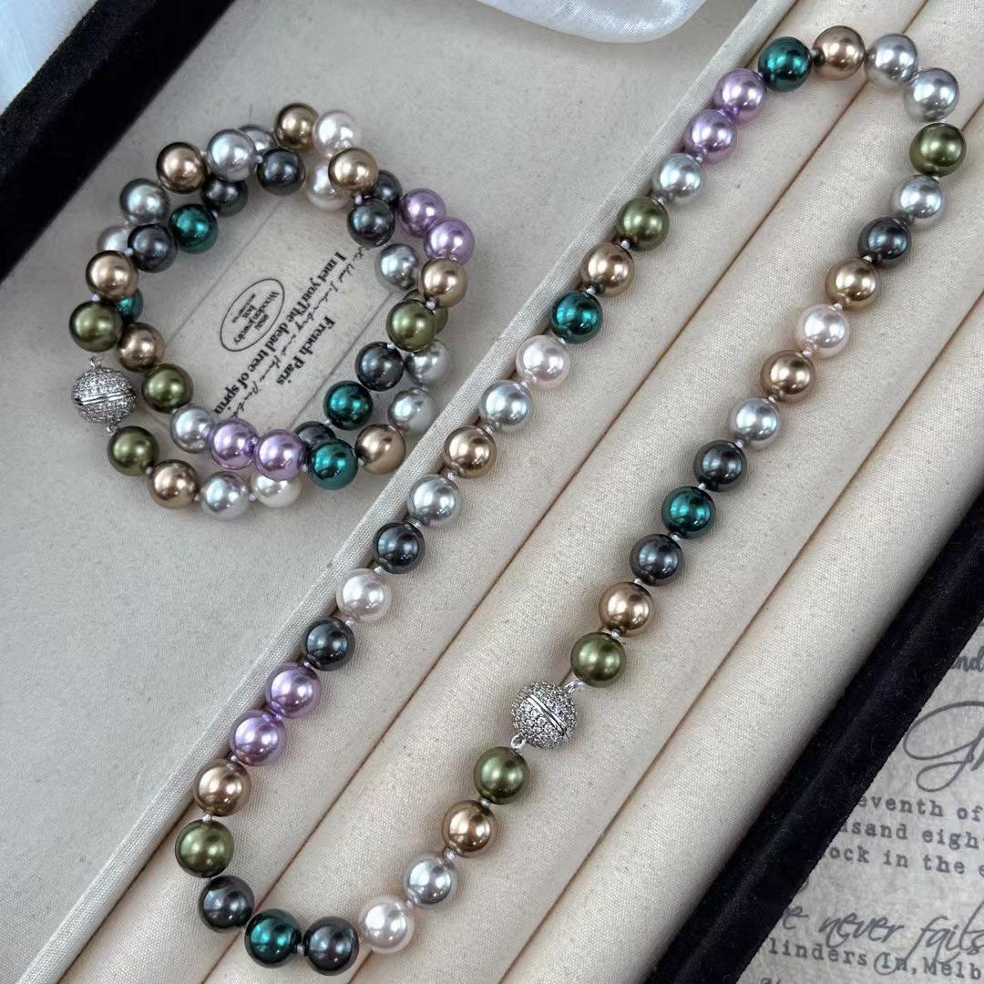 Vintage High Quality Maillard Style Artificial Imitation Tahitian Seawater Pearl Necklace Malachite Green Cold White