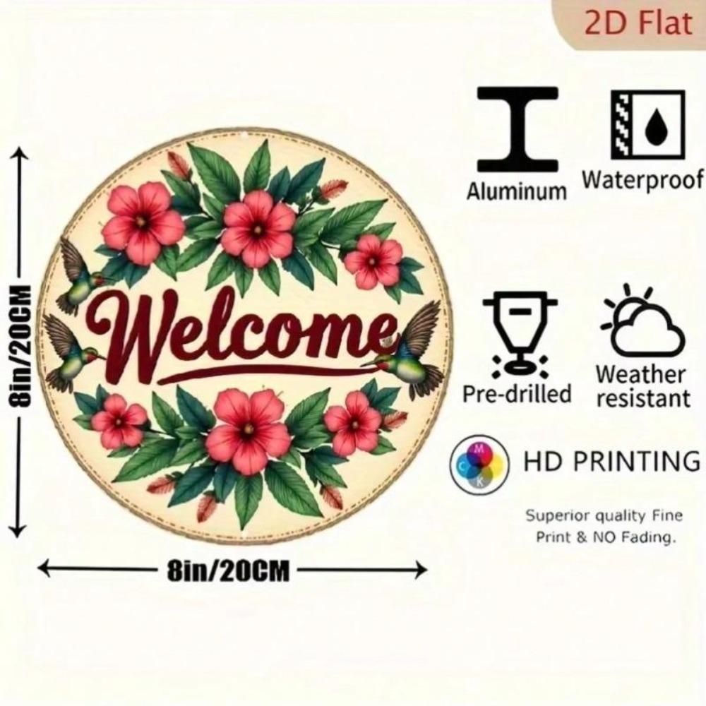 Metal Welcome Sign with Floral Hummingbird Design Rustic Wall Art Waterproof Aluminum Decor