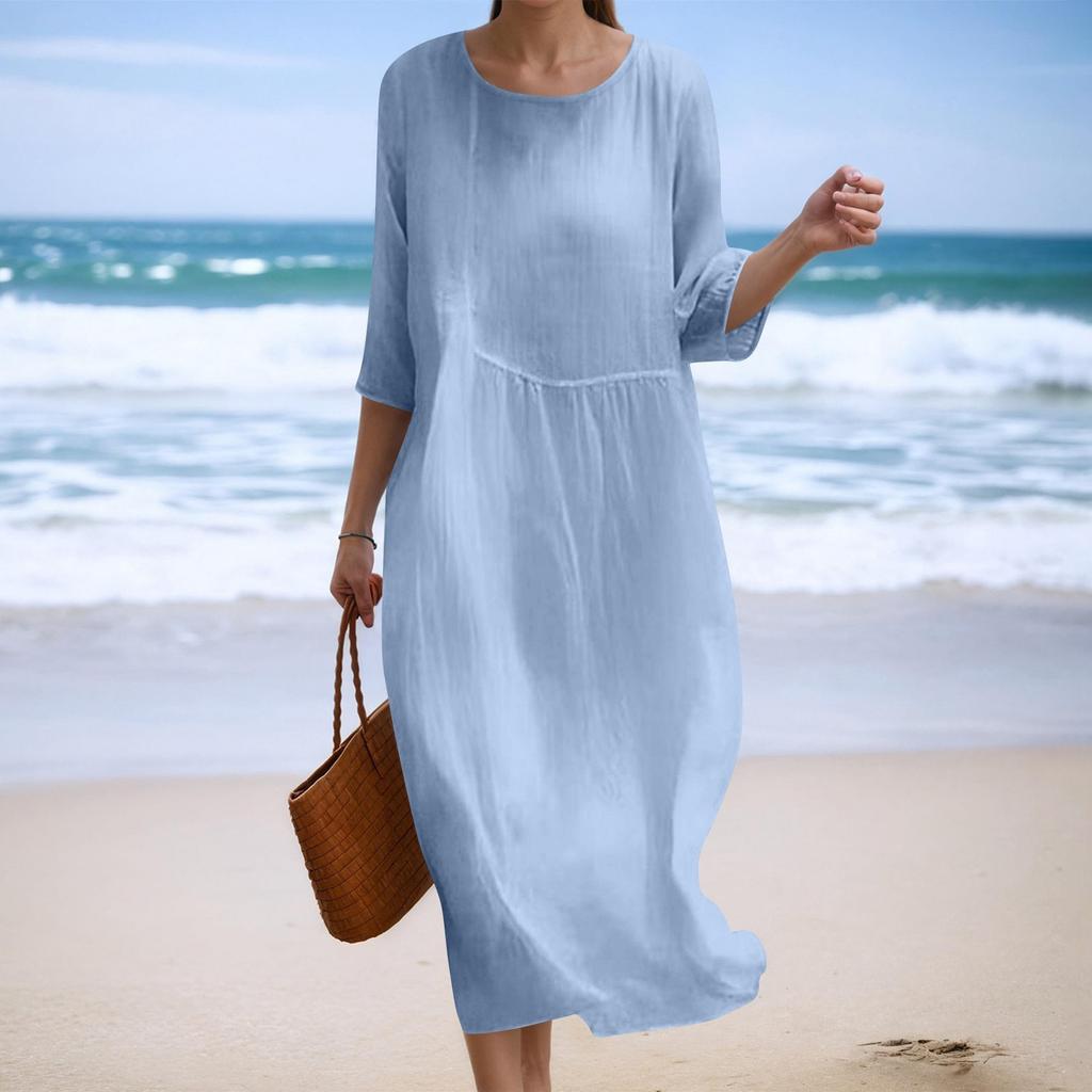 Damska Modna Sukienka o Luźnym Kroju z Okrągłym Dekoltem i Rękawem Siedem Ósmych w Jednolitym Kolorze
