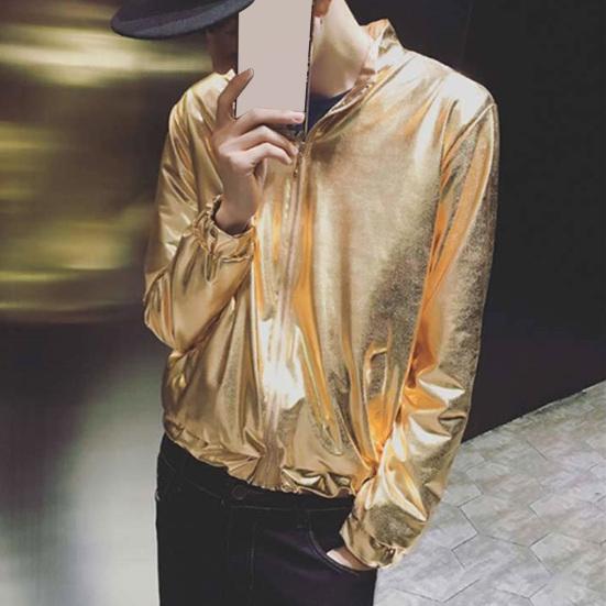 Men Coat Stand Collar Long Sleeve Zipper Closure Jacket