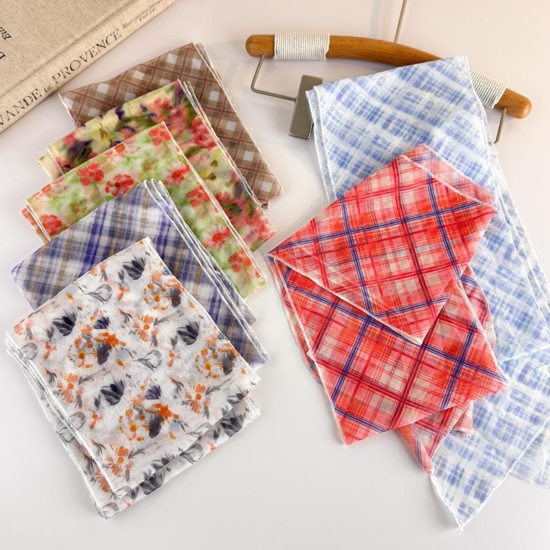 Korean Long Scarves Plaid Floral Print Lightweight Lace Mesh Scarf Versatile Neck Accessory Hair Scarf Neckerchief