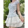 Süße Patchwork Rüschen Zweiteiler Sets Damen Square Neck Tops + A-Linie Plissee Röcke Weibliche Kawaii Volant Streetwear Party Strandanzüge
