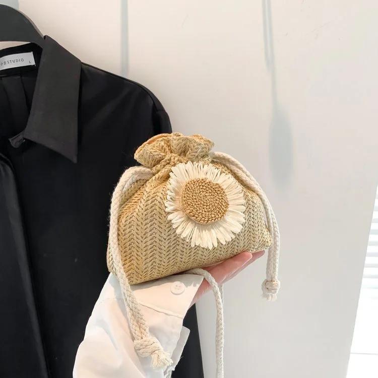 Mori Woven Women's Bucket Bag New  Summer Straw Cross Bag Korean Version Cute Shoulder Messenger Bag