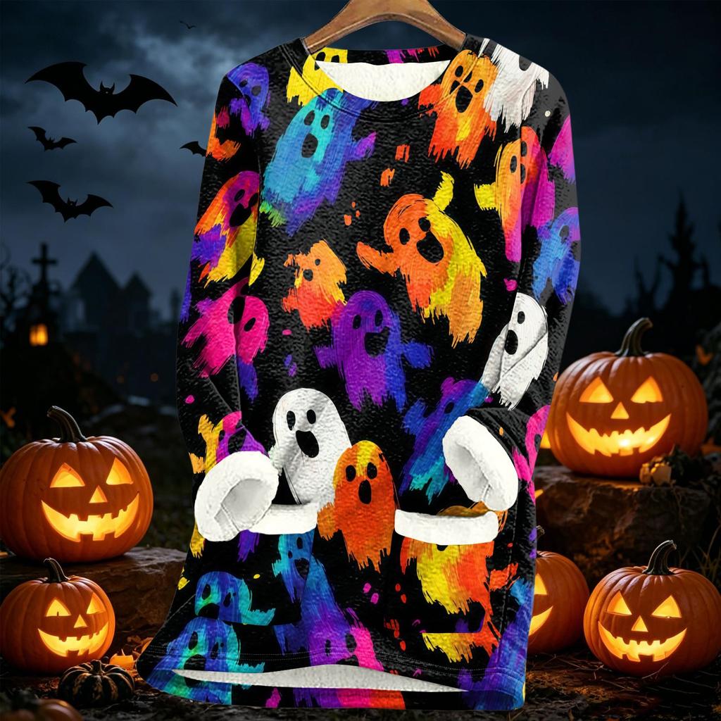 Women Long Sleeve Fleece Lined Tunic Sweater Dress with Halloween Print Soft Warm Thickened Sherpa Pullover for Autumn Winter