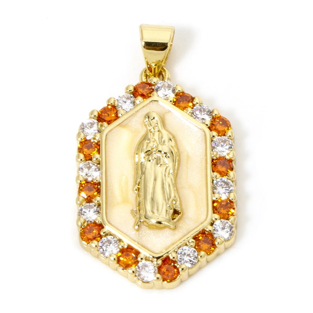 1 PC Virgin Mary Religious Brass Pendants 18K Gold Plated Pearlized Hexagon Enamel Cubic Zirconia Charms Pendants 3cm x 1.7cm