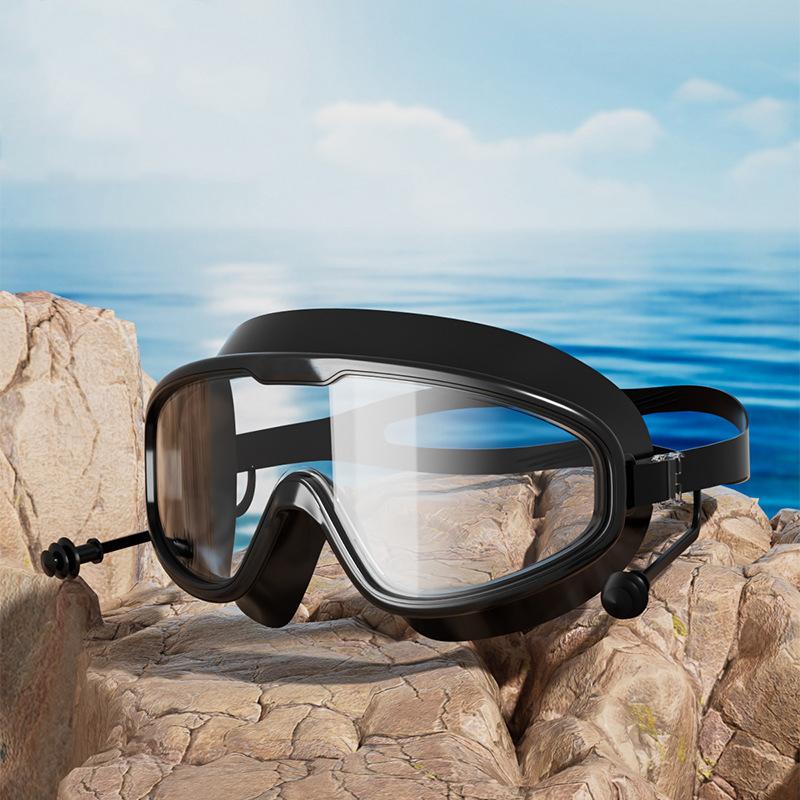 Large Frame Swimming Goggles Women Men Swim Glasses with Earplugs Waterproof Silicone Frame Swim Eyewear Equipment Swim Cap
