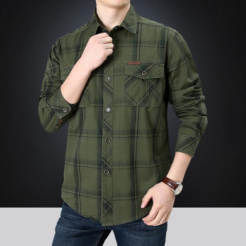 Spring Middle-aged and Young Men's Long-sleeved Shirt with Men's Cotton Loose Large Size Daddy's Plaid Multi-bag Military Casual Shirt