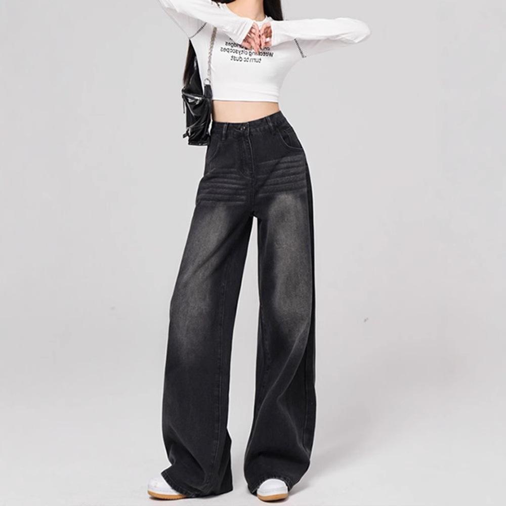 Women Straight Leg Denim Jeans Casual Solid Color Cotton Blend High Waist Daily Streetwear Long Pants