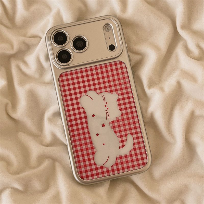 Applicable to Apple 17promax mobile phone case cartoon cute iphone16 couple plaid hollow puppy cat Apple 17 pro max