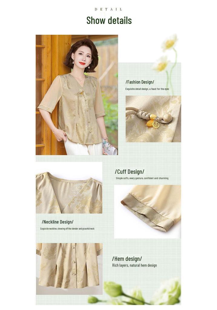 Elegante Top in Seta per Donne Petite di Mezza Età - Stile Cinese, Camicia Estiva a Maniche Corte in Seta di Gelso