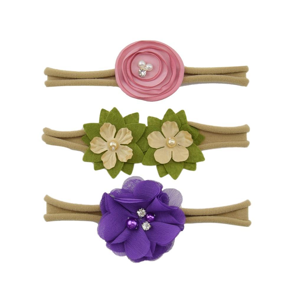 Children'S Nylon Headband Three-Piece Elastic Soft Headband Green Flower Headgear Versatile Head Flower Set